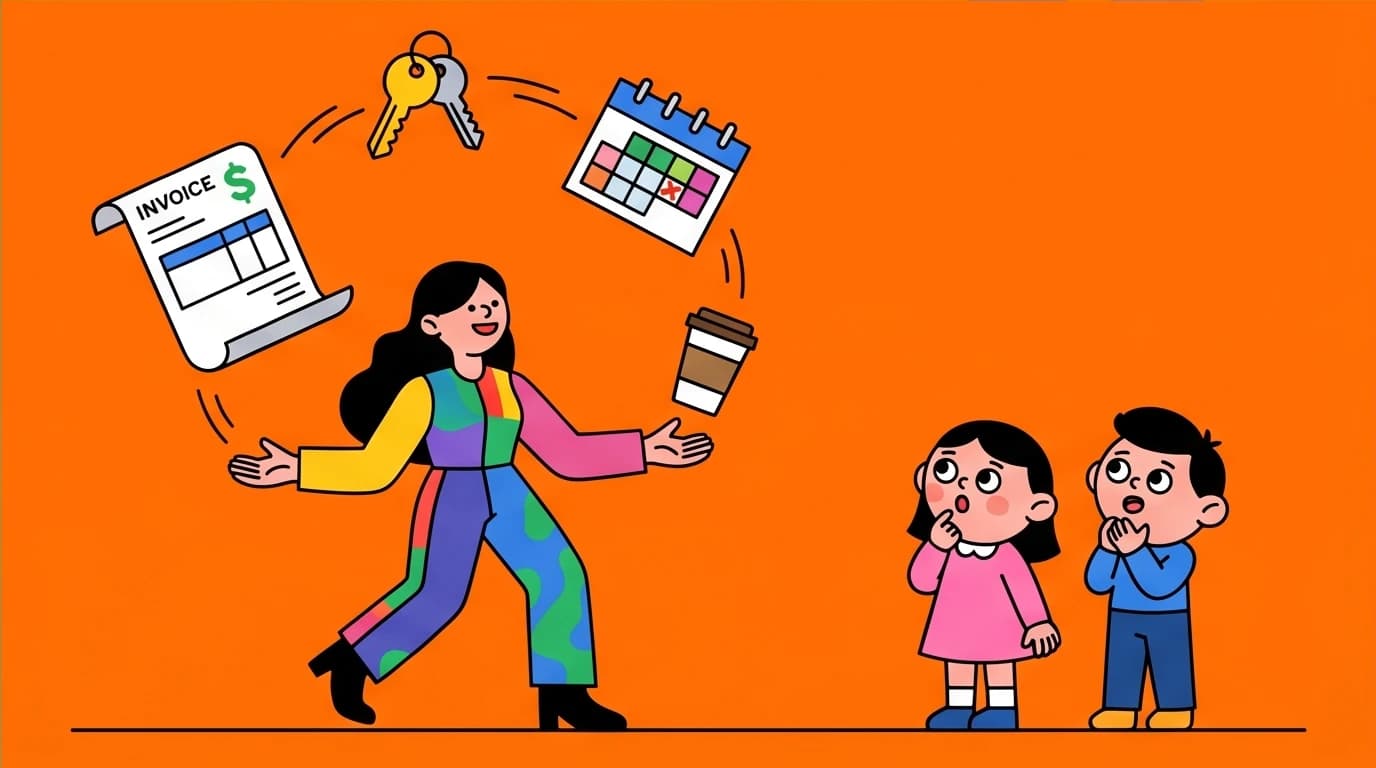 A mother juggles symbols of her hard work while her children watch and learn, a key aspect of the Maye Musk parenting style that teaches resilience and a strong work ethic through example.
