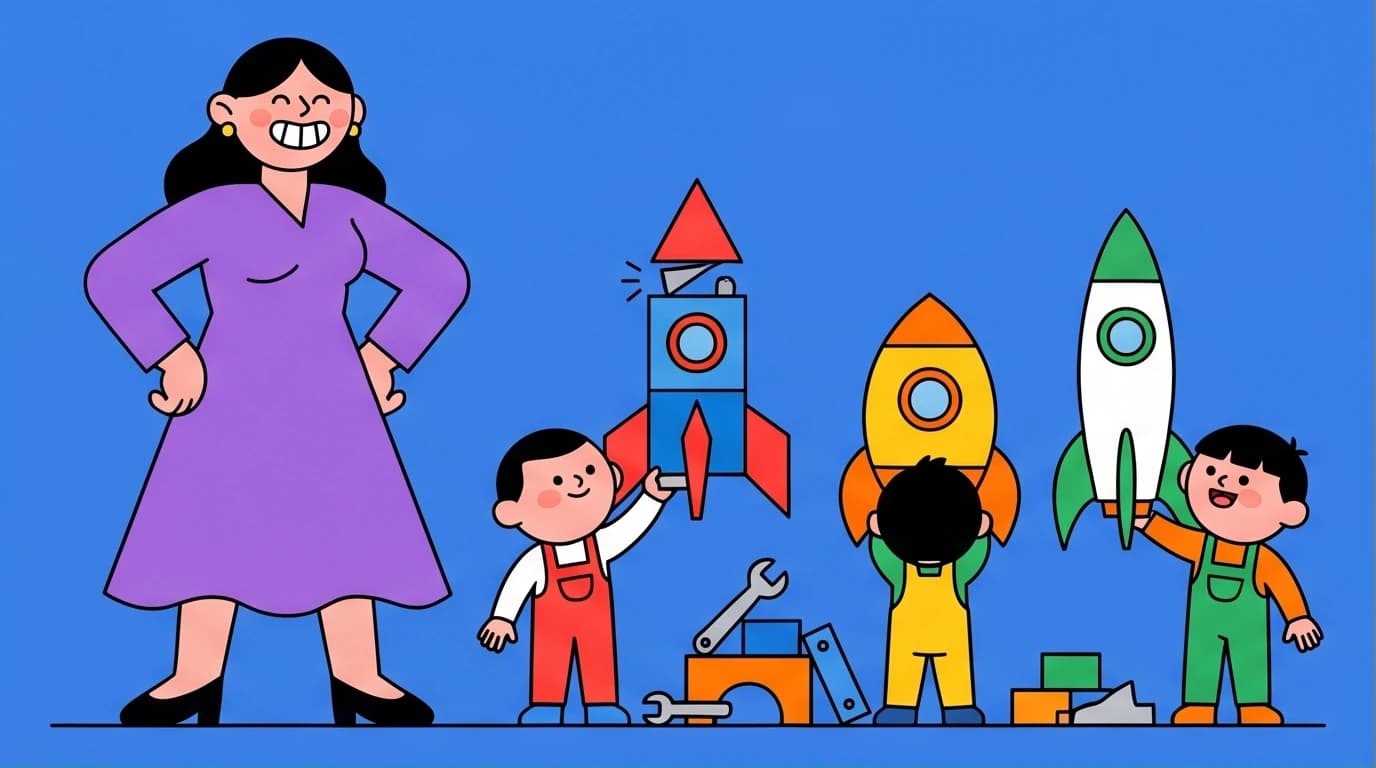 An illustration in the Corporate Memphis style showing a mother proudly watching her three children independently build their own futures, representing the Maye Musk parenting style of fostering independence.