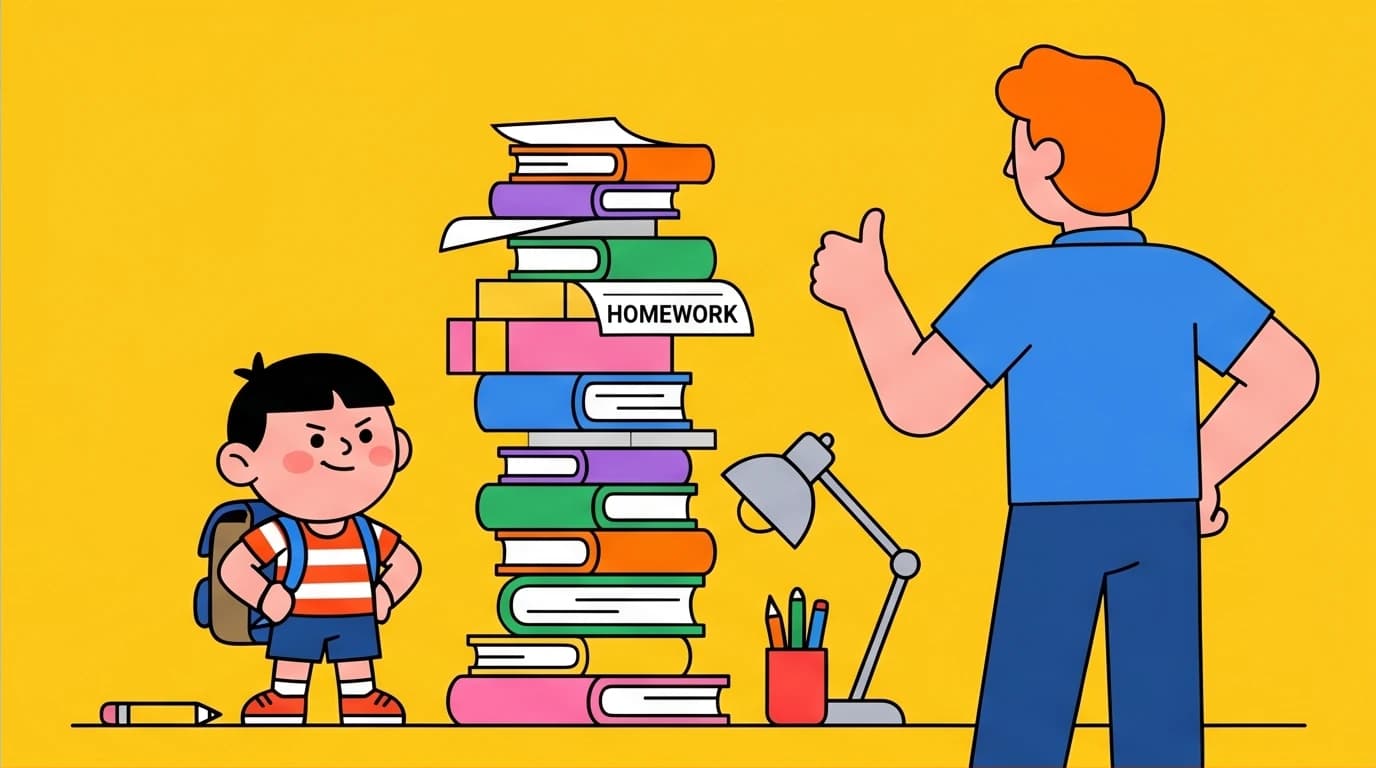 A child confidently manages a huge stack of homework alone, symbolizing the Maye Musk parenting rule to stop micromanaging and teach children responsibility for their own education.