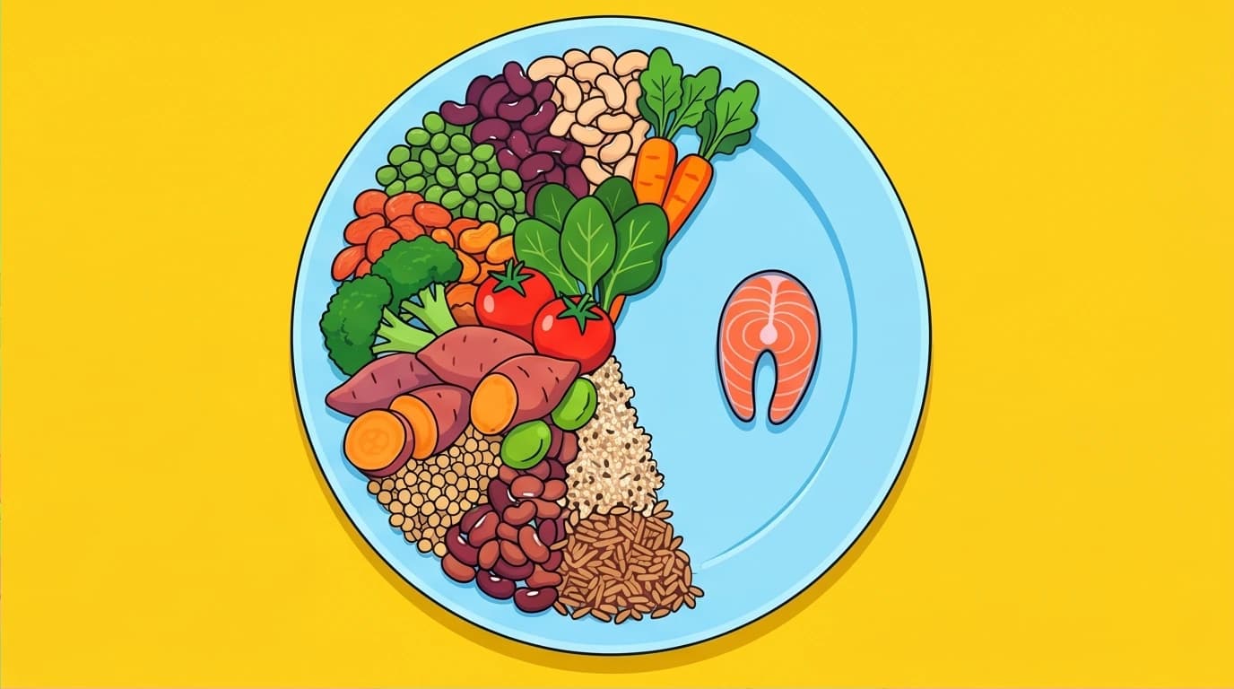 A visual guide to Maye Musk's eating habits, featuring a flexitarian diet plate heavily balanced with plants and a small piece of fish.