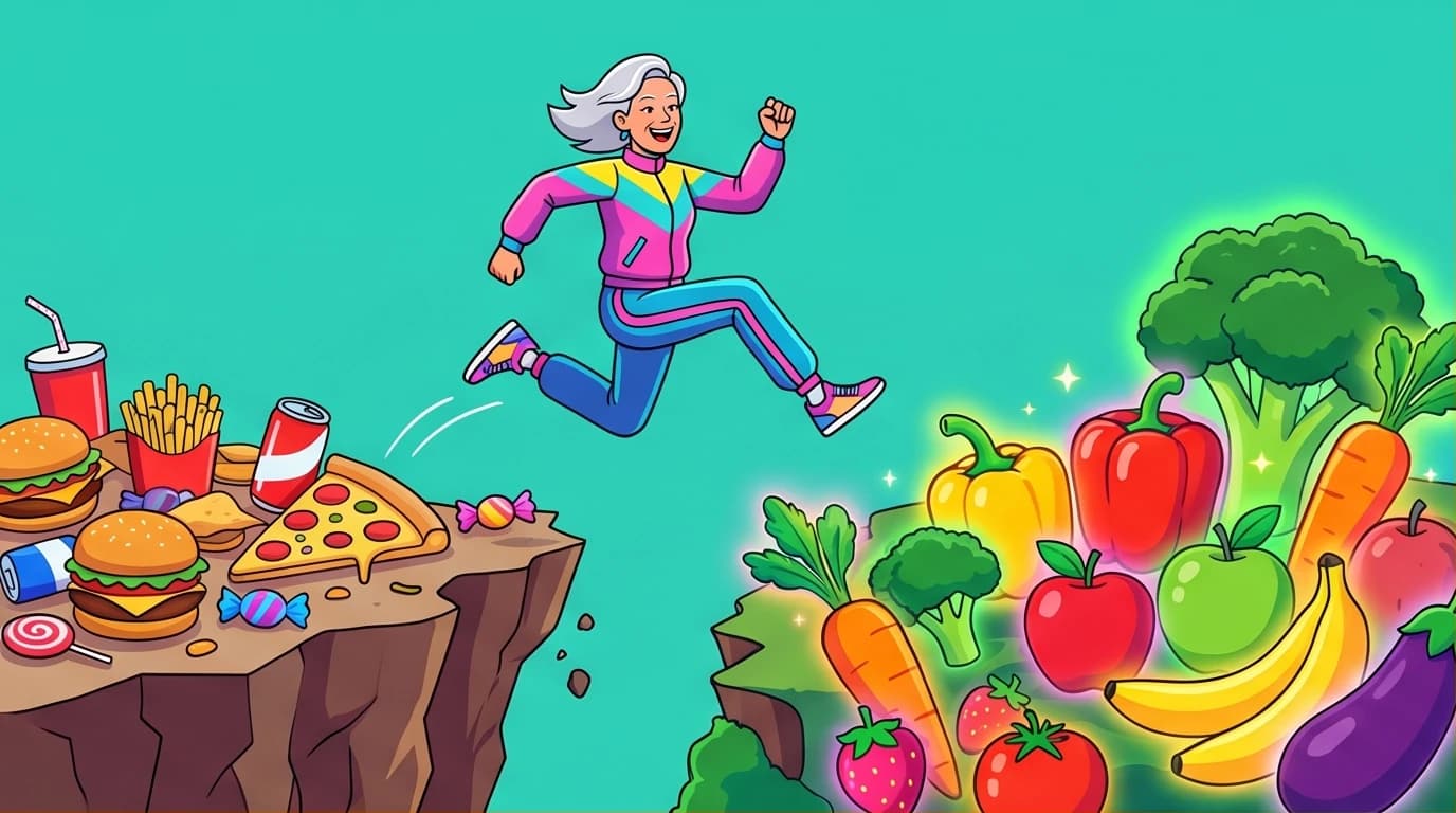 Illustration of Maye Musk's wellness habits, showing a senior woman choosing whole foods over junk food to maintain high energy and health.