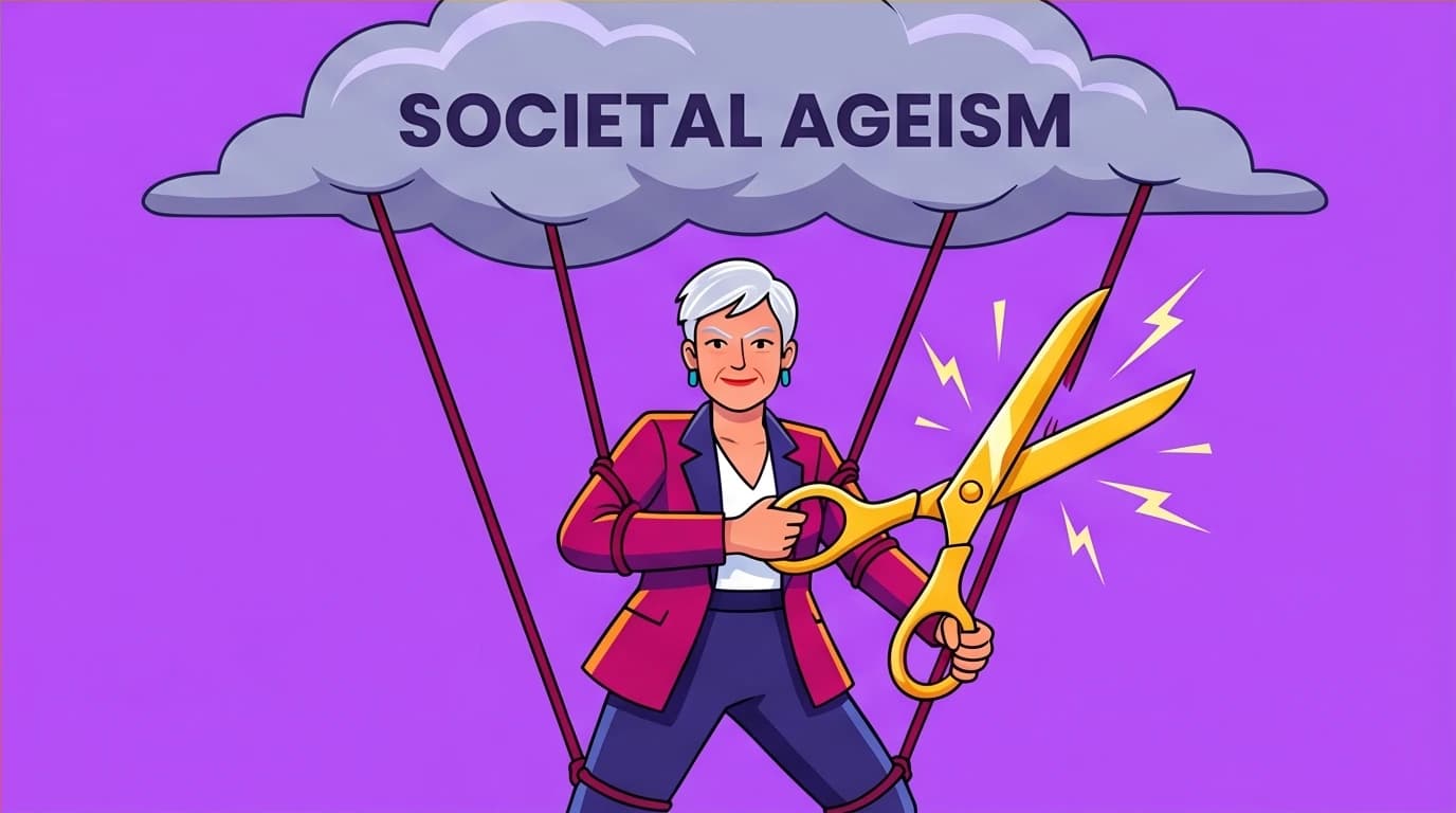 A depiction of the 'Aging Gracefully Maye Musk' mindset, with a confident senior woman breaking free from the constraints of societal ageism.