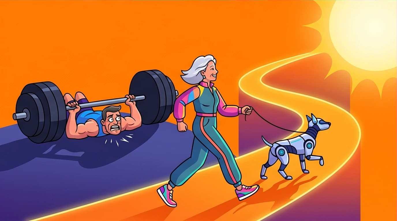An illustration comparing Maye Musk's consistent, moderate daily exercise routine against draining, high-intensity gym culture for long-term vitality.