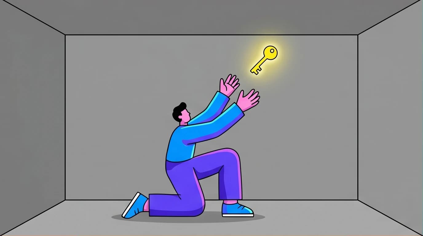 An illustration showing a person in an existential vacuum actively reaching for a key, representing Viktor Frankl's Logotherapy and the search for meaning.