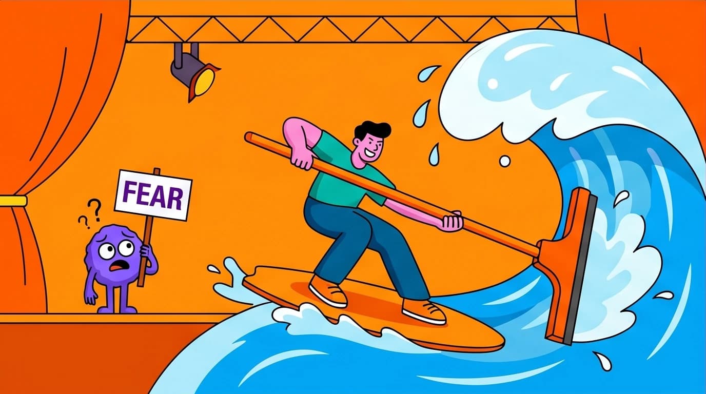 A visual metaphor for the Logotherapy technique of Paradoxical Intention, where a character confronts anxiety by humorously exaggerating the feared symptom.