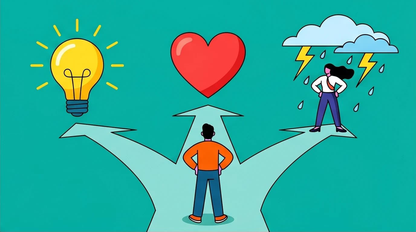 A person at a crossroads with three paths representing the ways to find meaning in Logotherapy: creative, experiential, and attitudinal values.