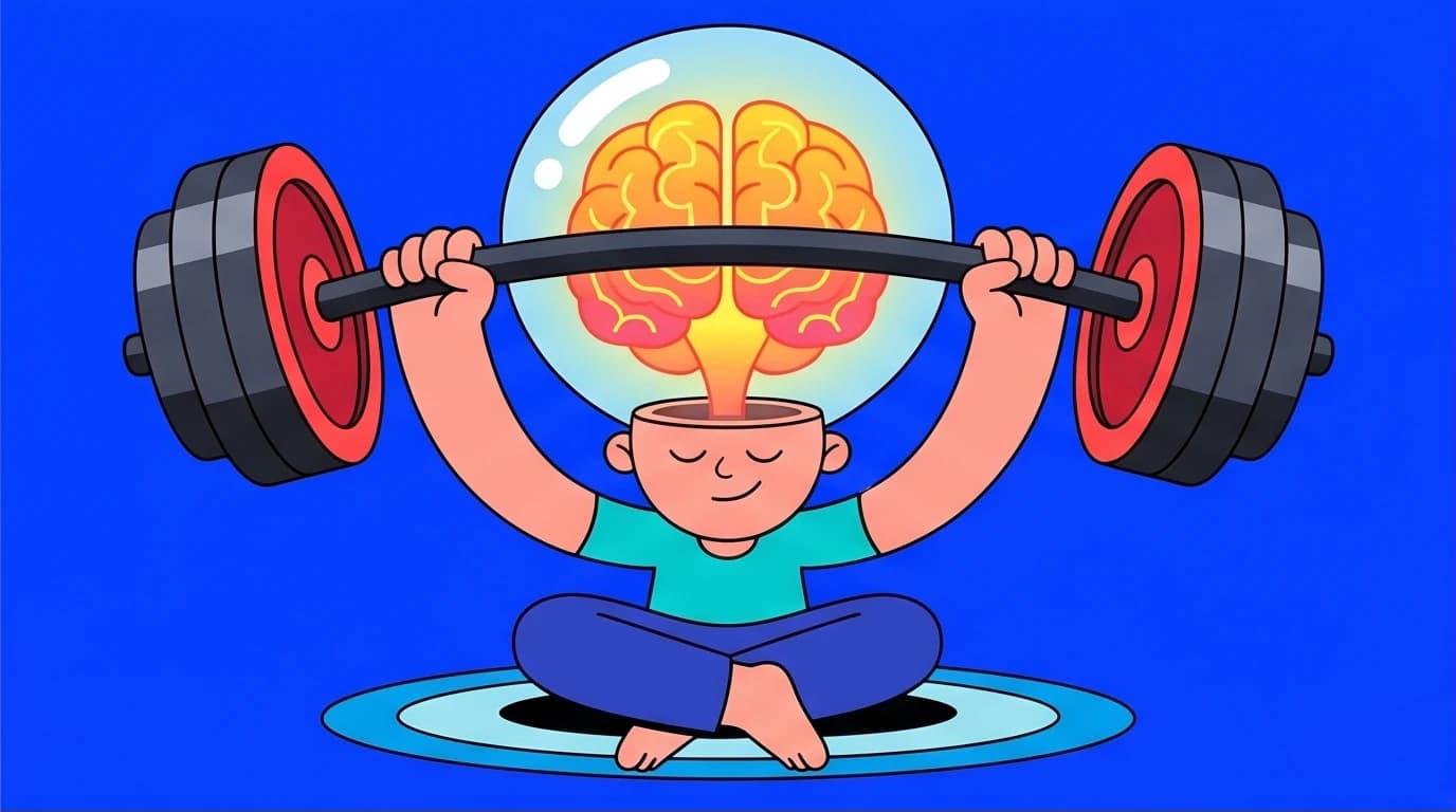 An illustration of a person meditating, with their brain inside their head shown lifting weights, symbolizing the scientifically-proven benefits of meditation for brain training and mental strength.
