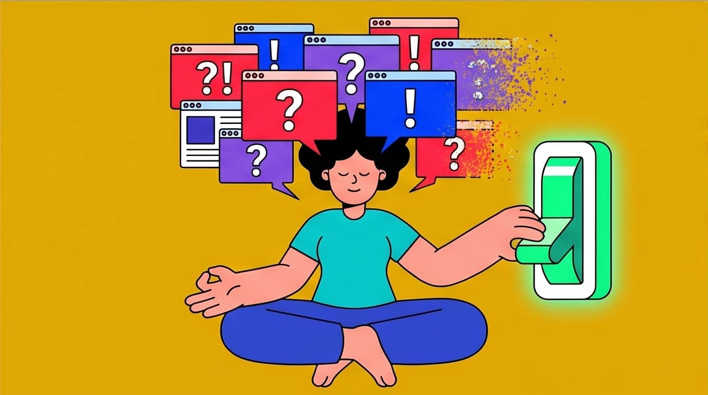 A person calmly switching off multiple distracting thought bubbles, a visual metaphor for how meditation benefits focus by shutting down the brain's Default Mode Network (DMN).