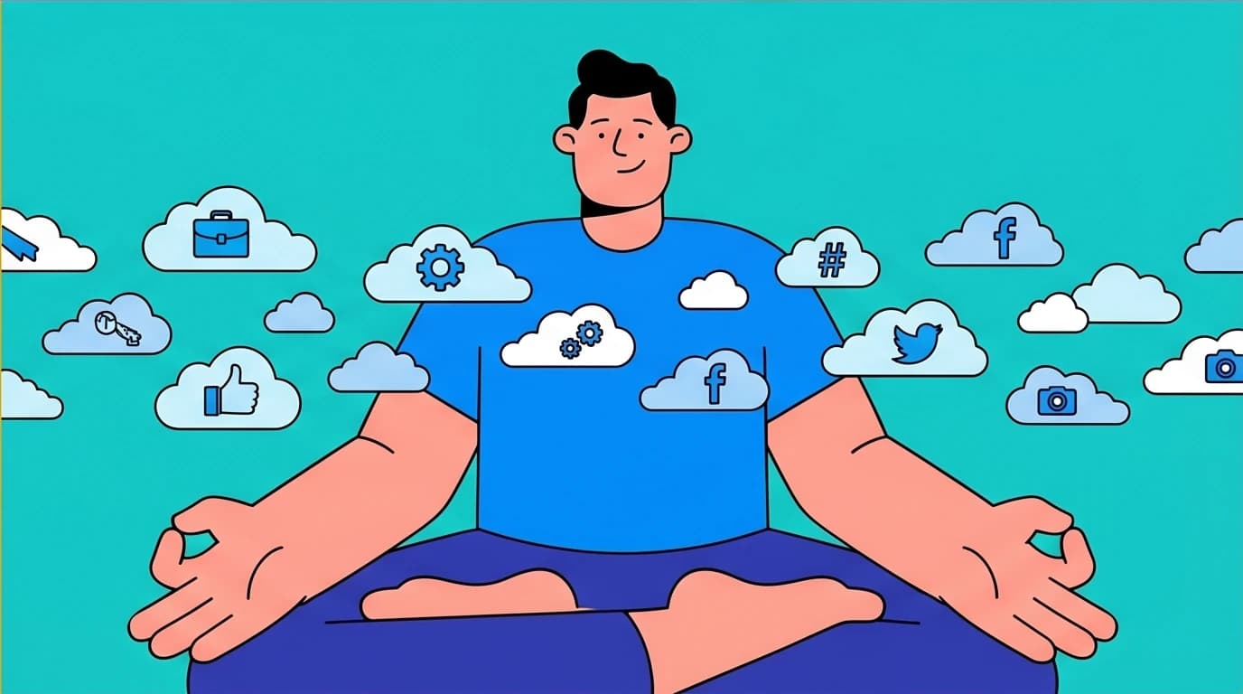 An illustration showing a core concept of meditation; a person calmly watches thoughts float by like clouds instead of trying to stop them, demonstrating a key benefit of mindfulness.