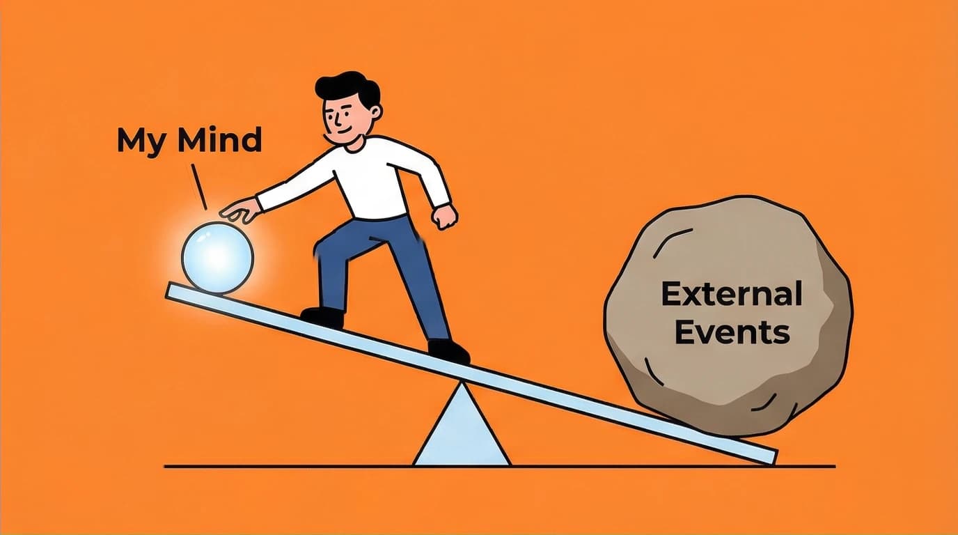 A character easily controlling their mind but not external events, visualizing the Stoic dichotomy of control from Meditations by Marcus Aurelius.