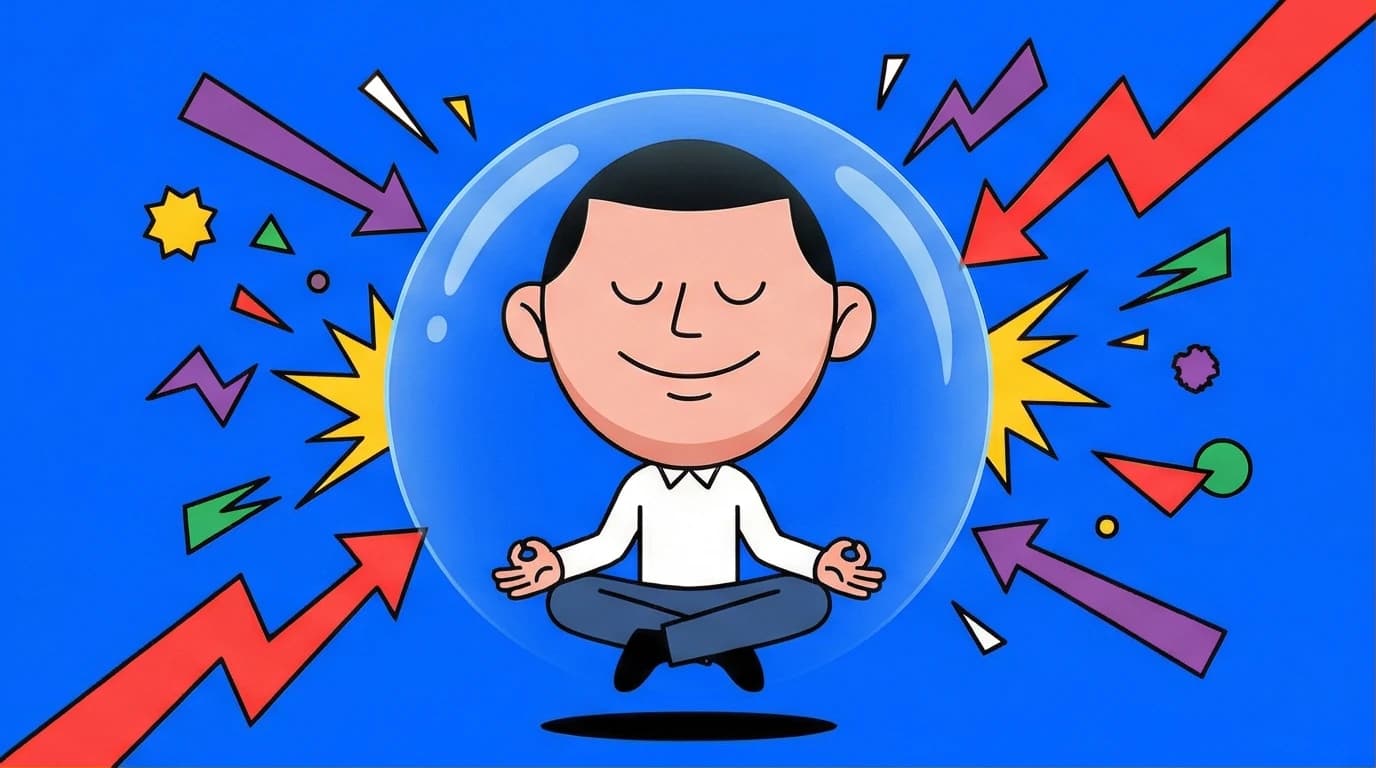 Illustration of a person maintaining mental resilience amidst chaos, summarizing the core Stoic wisdom of Marcus Aurelius's Meditations.