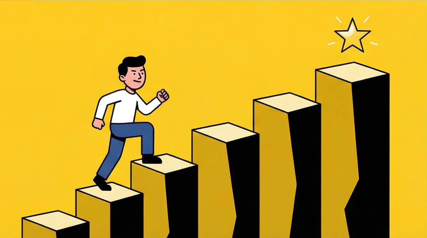 A person climbing obstacles that form a staircase, illustrating the Stoic philosophy that challenges are the path to growth, from Marcus Aurelius.