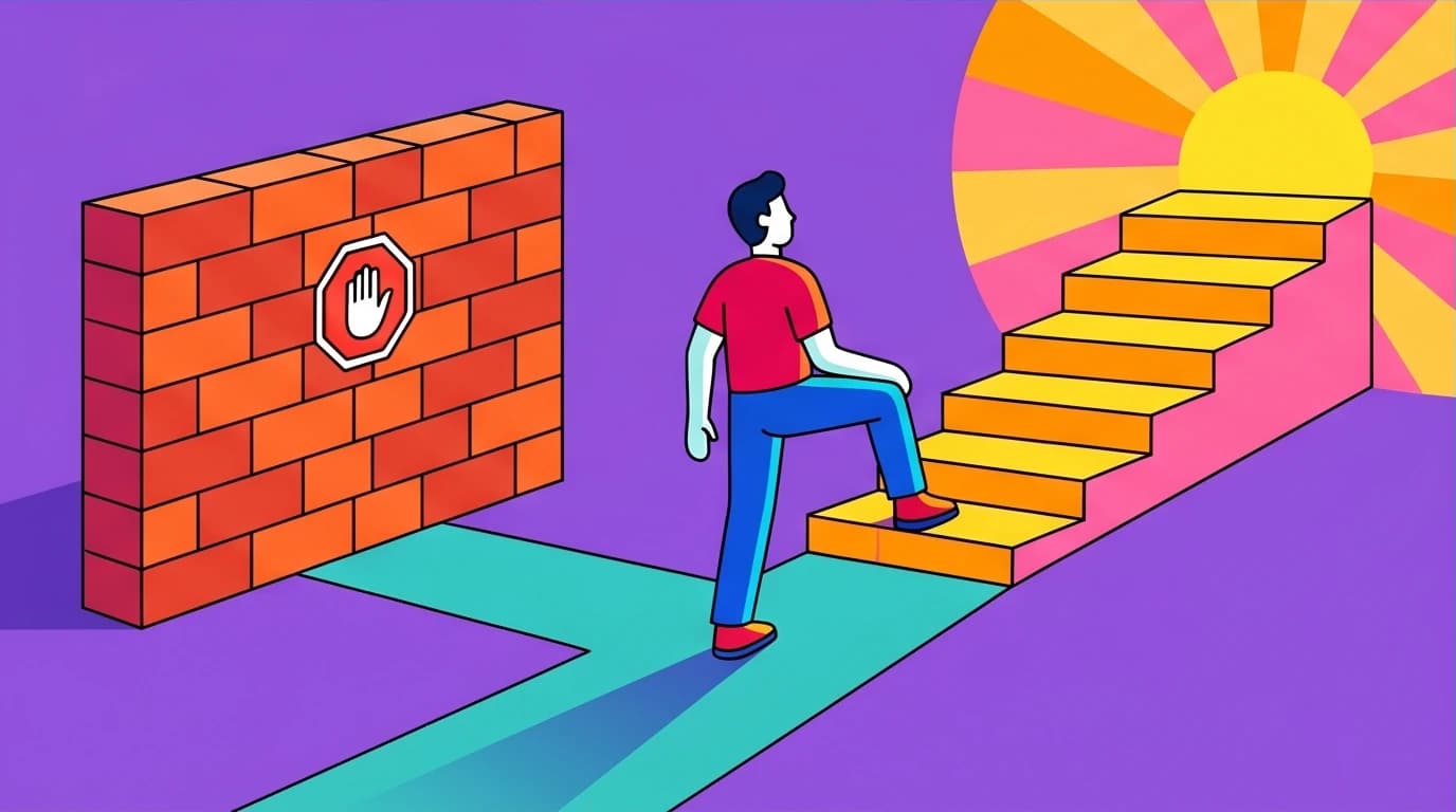 Visualizing the choice between a fixed mindset (a wall) and a growth mindset (a staircase) for developing mental strength and resilience.