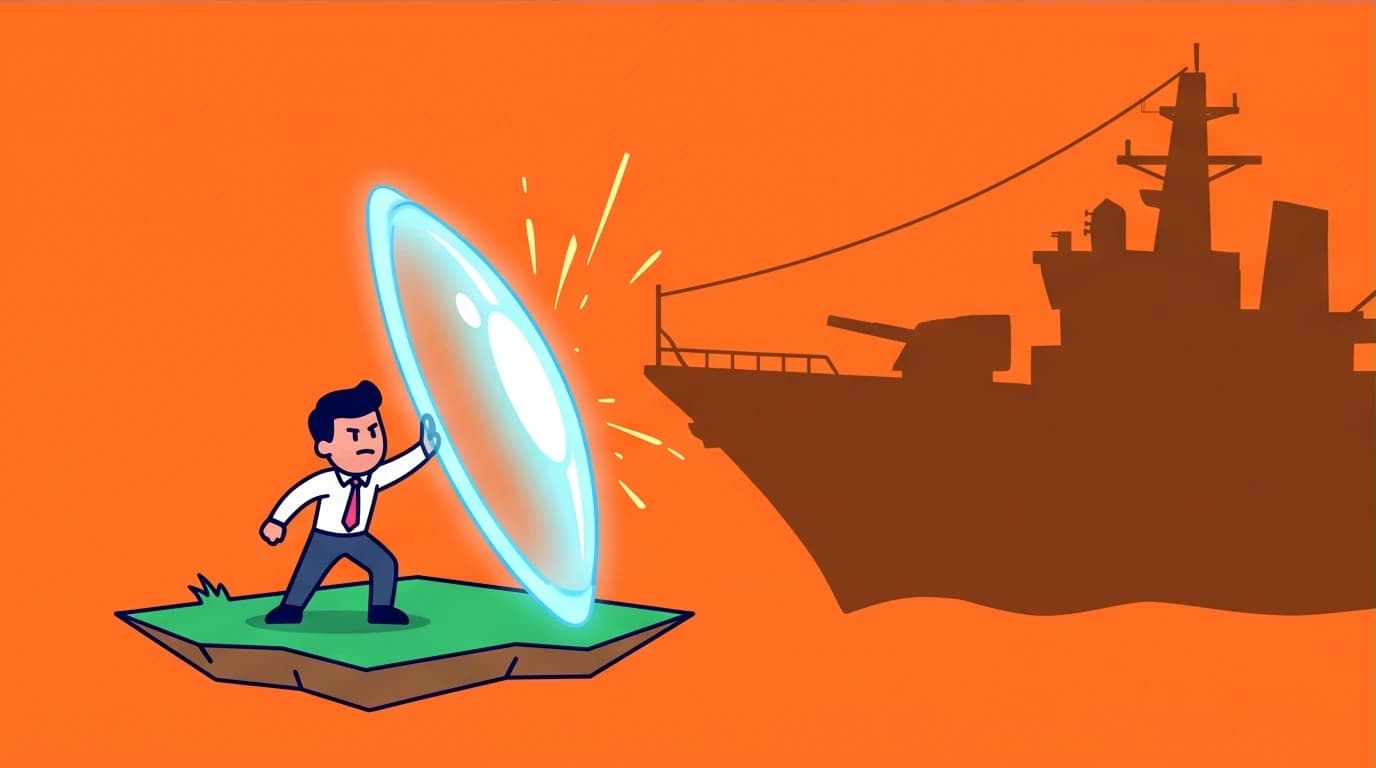 A visual metaphor for asymmetric deterrence in the Taiwan Strait, with a small force creating a powerful shield against a larger threat.