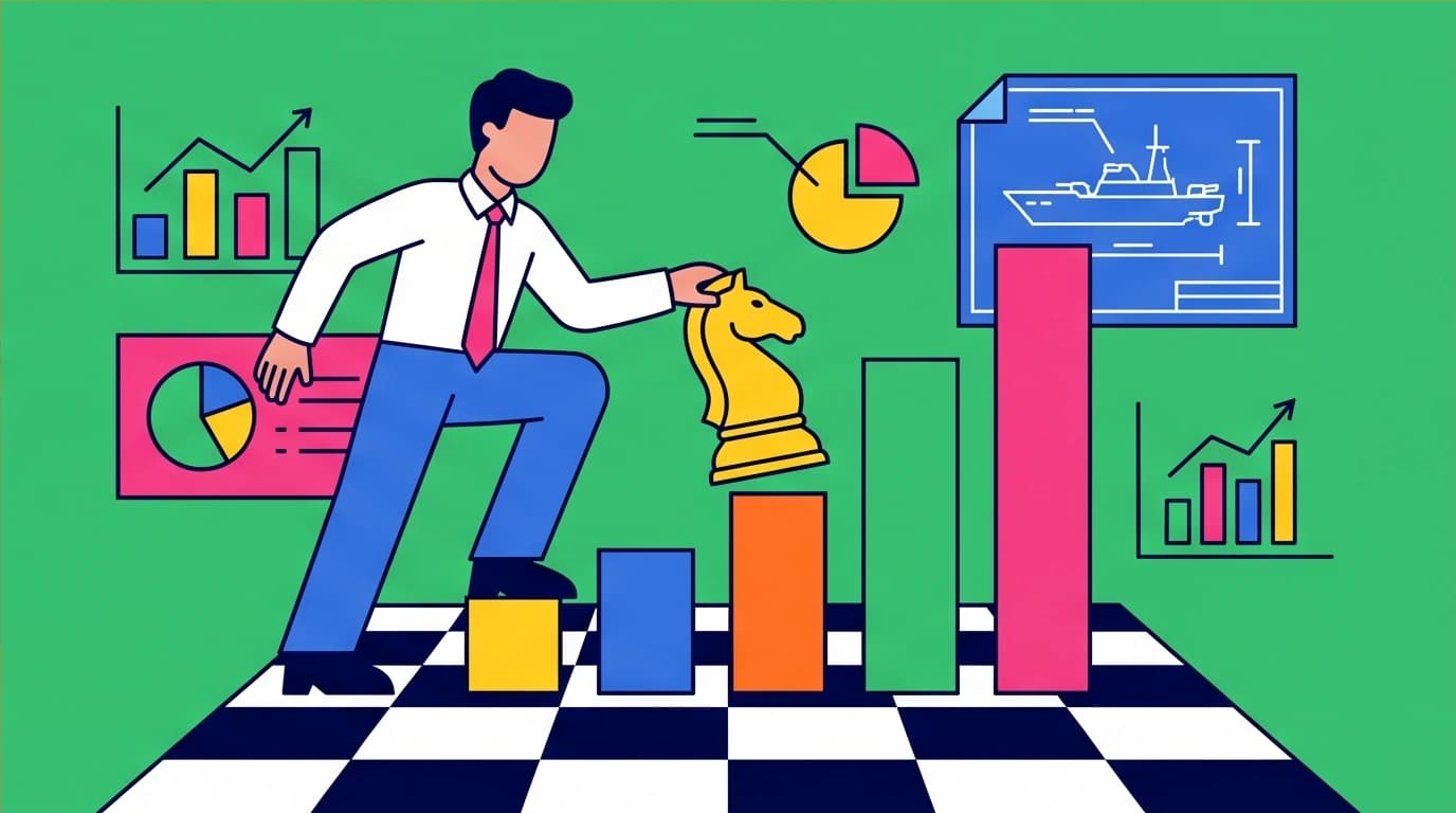 A person applying intelligence and strategic thinking, like chess, to a business chart, a concept from Michael Studeman's framework.