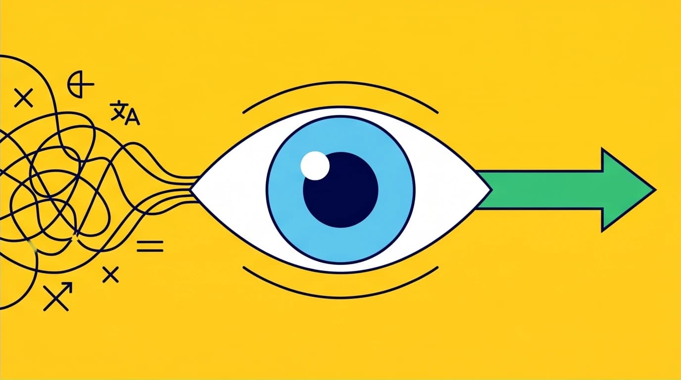 An abstract illustration showing an eye filtering chaotic data into a clear insight, symbolizing Michael Studeman's intelligence analysis process.