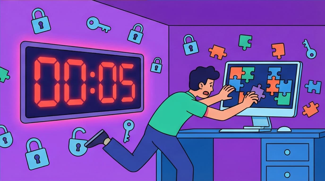 A gamified microlearning example where an employee races against a clock in a digital escape room to complete cybersecurity compliance training.