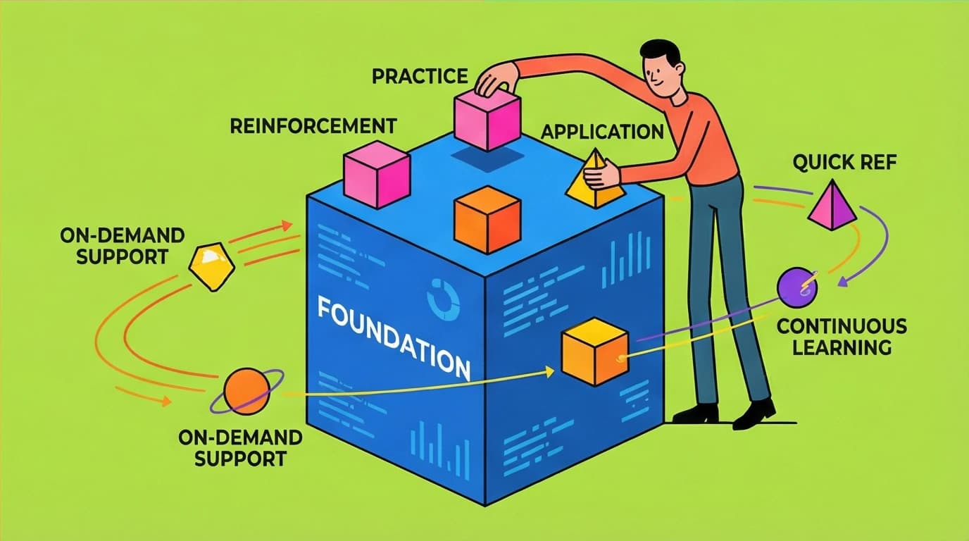 A visual of a blended learning strategy, where microlearning reinforces a foundational macrolearning block for better L&D ROI.