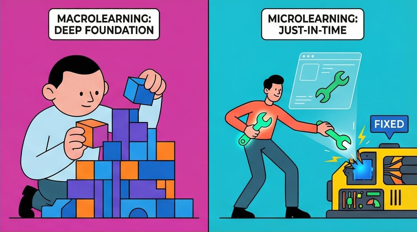 A visual comparison defining macrolearning as building a large structure versus microlearning as grabbing a quick, single tool.