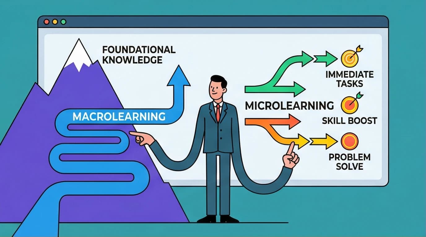 An L&D leader choosing between microlearning vs macrolearning strategies on a dashboard to maximize training ROI for corporate training.