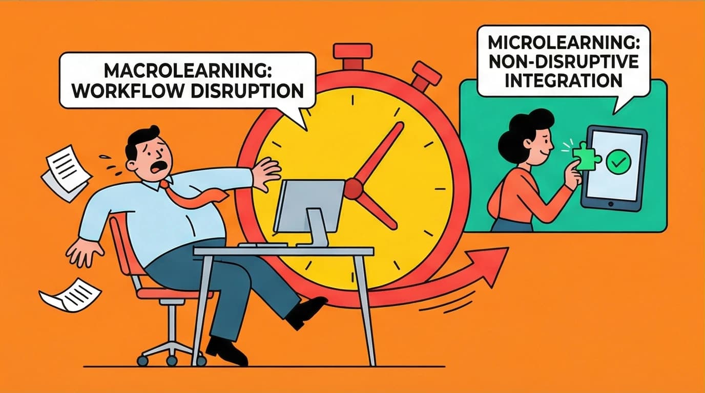 Illustration showing macrolearning as a large clock disrupting workflow, contrasted with non-disruptive microlearning.