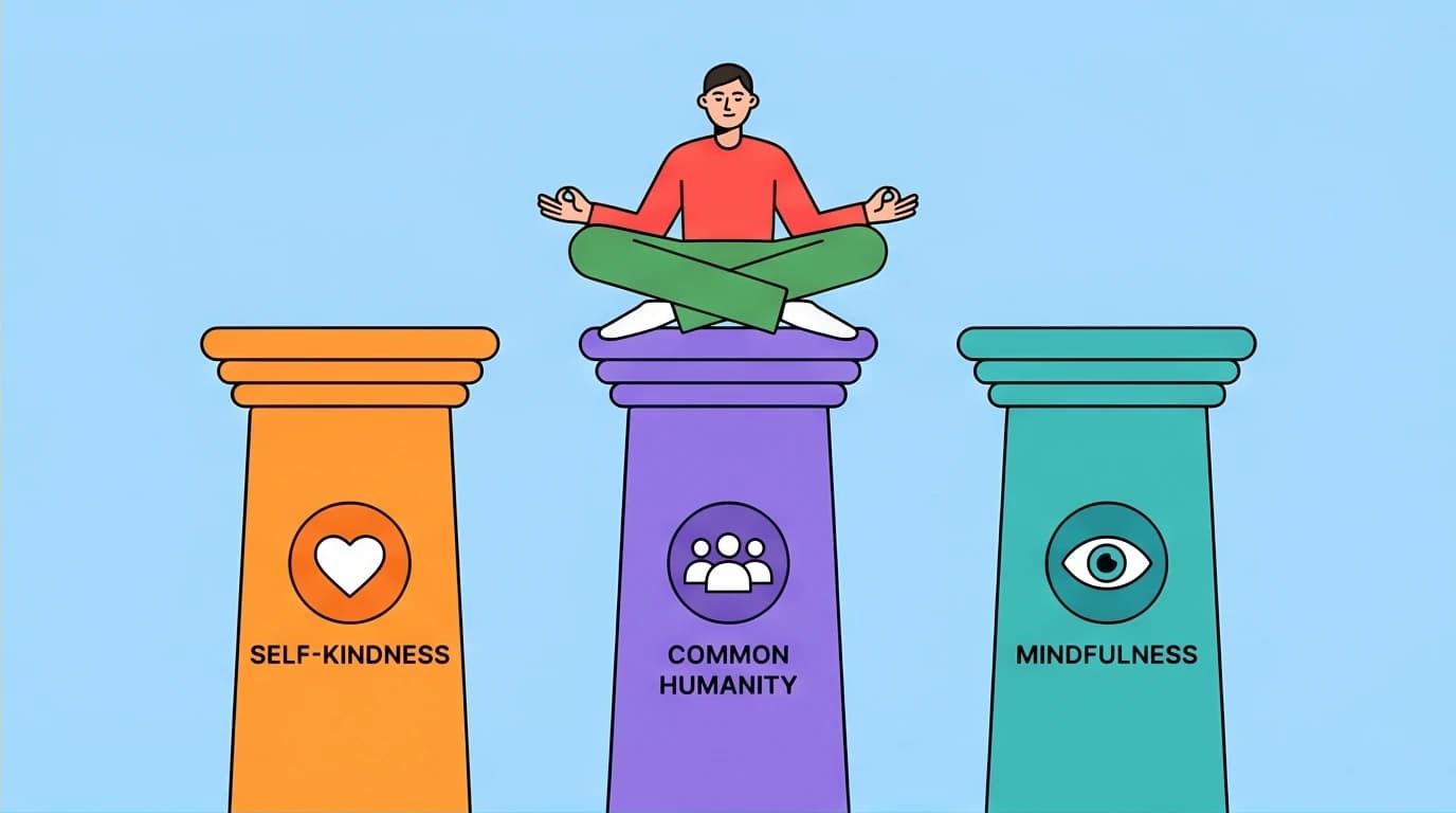 Illustration of the three core elements of Mindful Self-Compassion: self-kindness, common humanity, and mindfulness, shown as pillars supporting a person.