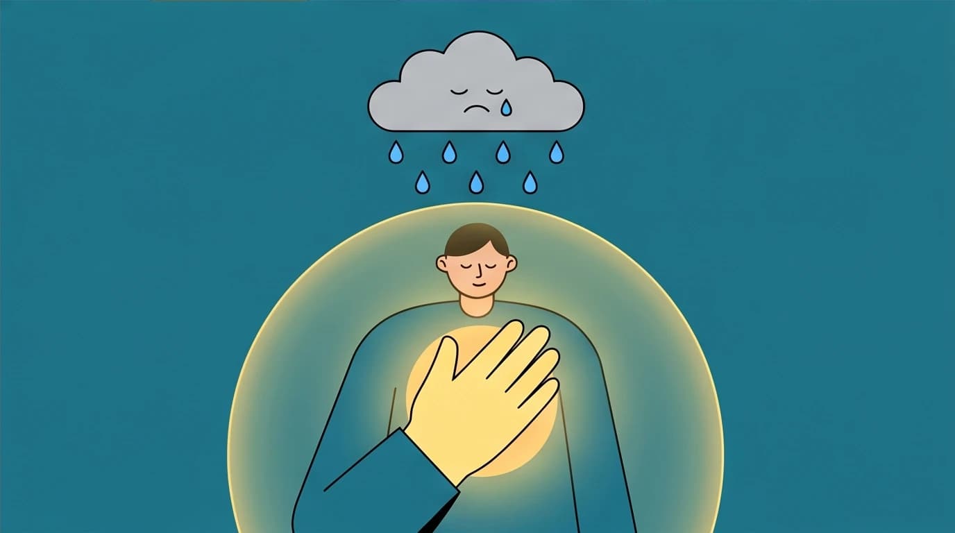 A person taking a Self-Compassion Break, using self-kindness to create a protective shield against a moment of pain, a key practice from Kristin Neff.