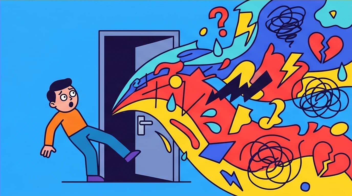 A visual metaphor for the 'backdraft' effect in self-compassion exercises, where opening a door releases a wave of emotion.
