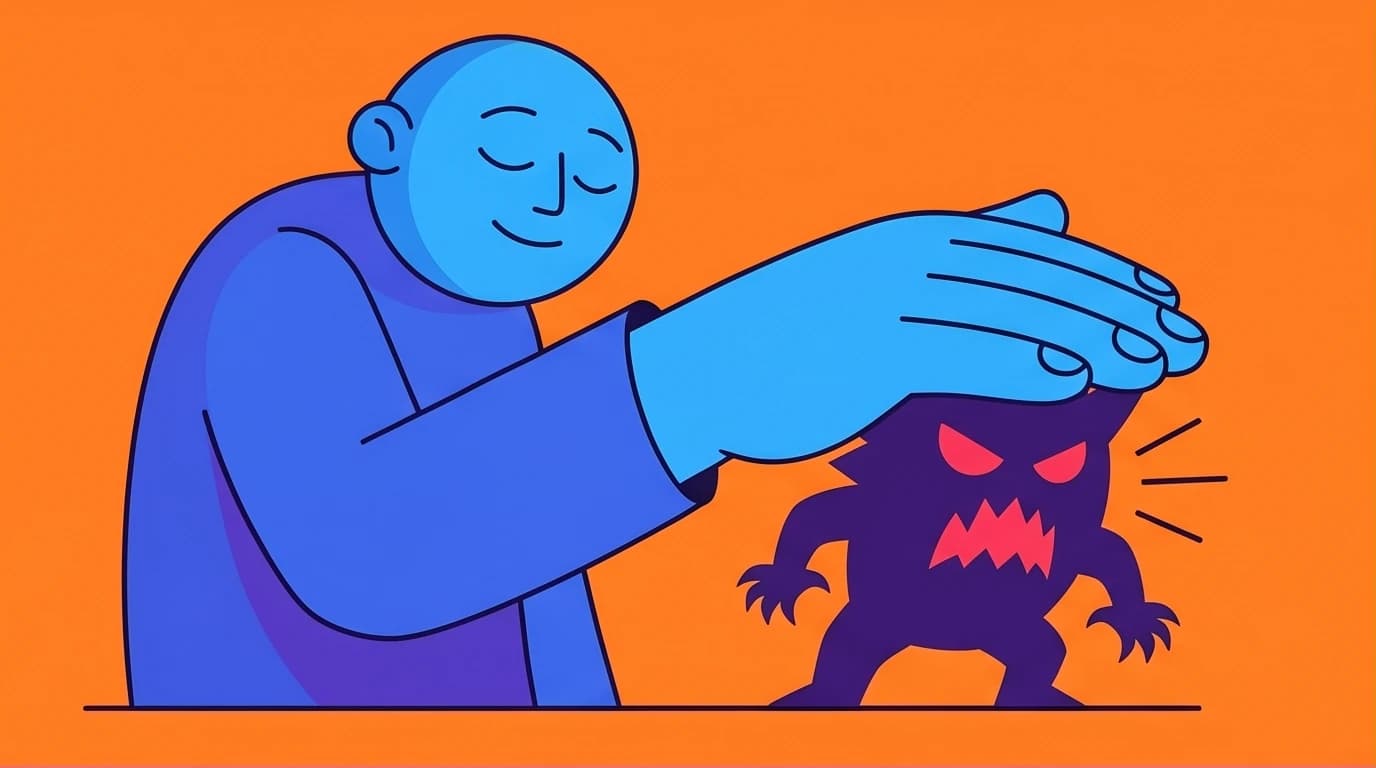 An illustration of a person using mindful self compassion exercises to gently silence a loud, spiky inner critic monster.