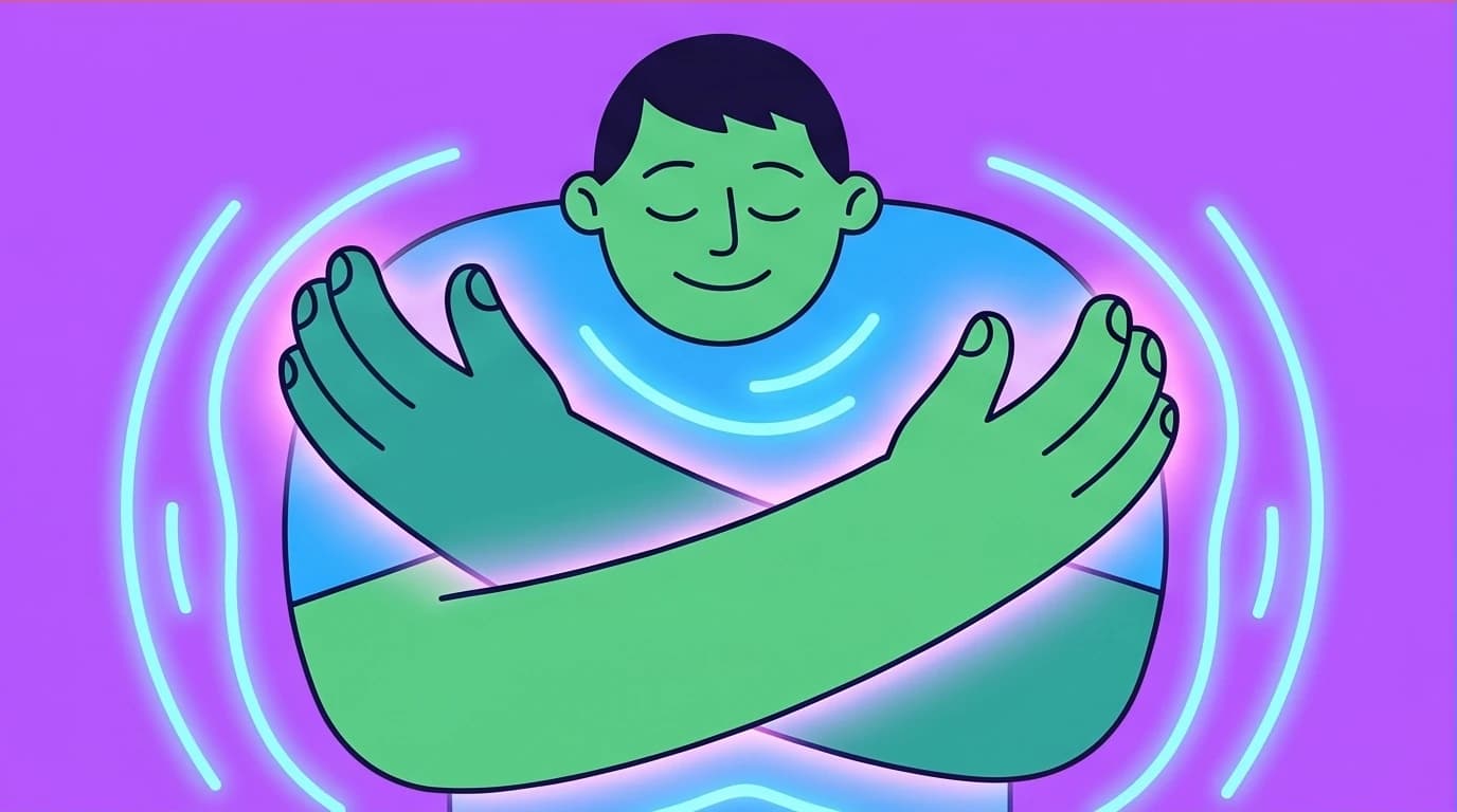 A character using a supportive physical touch exercise, giving themselves a comforting hug to practice mindful self compassion.