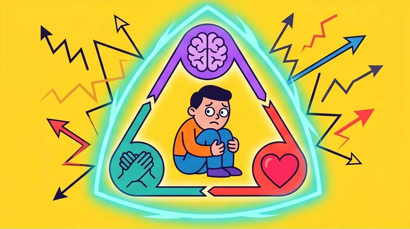 An illustration showing the three pillars of self-compassion—mindfulness, common humanity, and self-kindness—forming a protective shield.