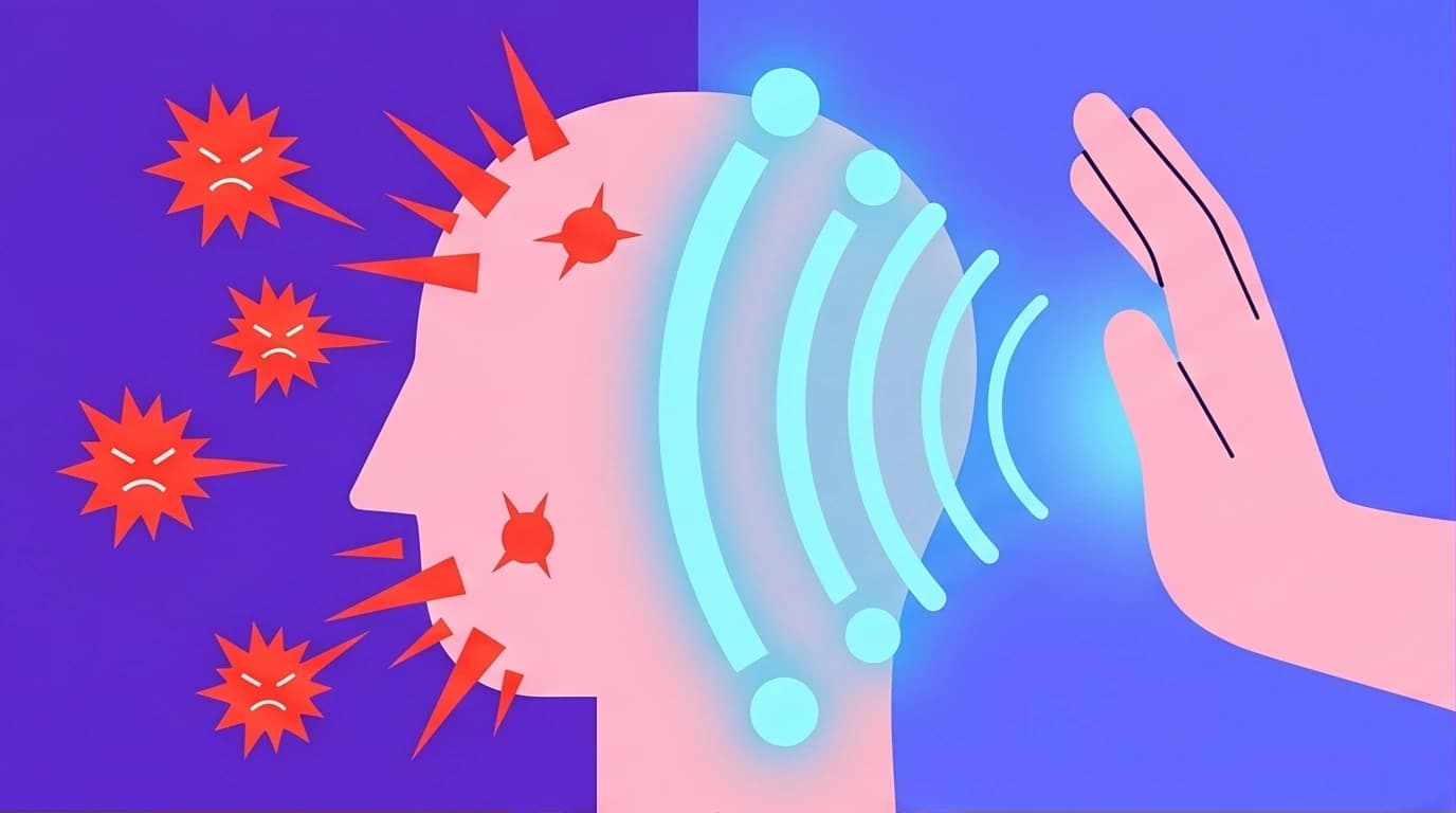 Illustration of mindful self compassion training transforming harsh inner criticism into calm emotional resilience, promoting self-regulation.