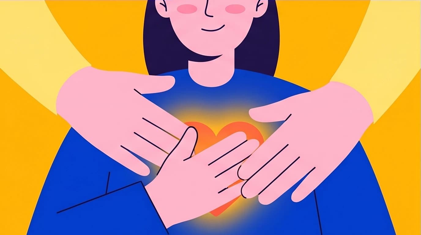 A person practicing a self compassion therapy technique by placing a soothing hand over their heart, a method for physical and emotional regulation.