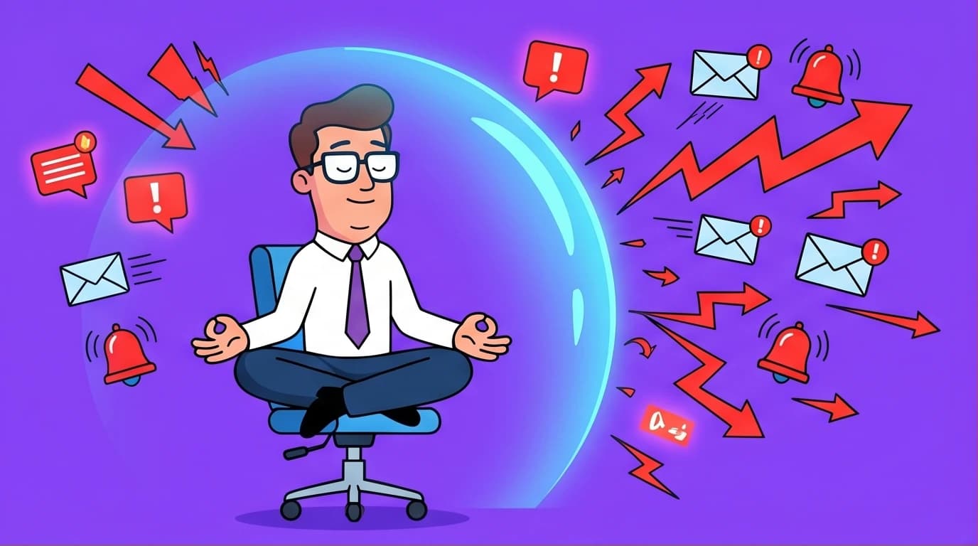 An executive practices mindfulness at work to sustain focus and peak performance, deflecting digital distractions and corporate stress.