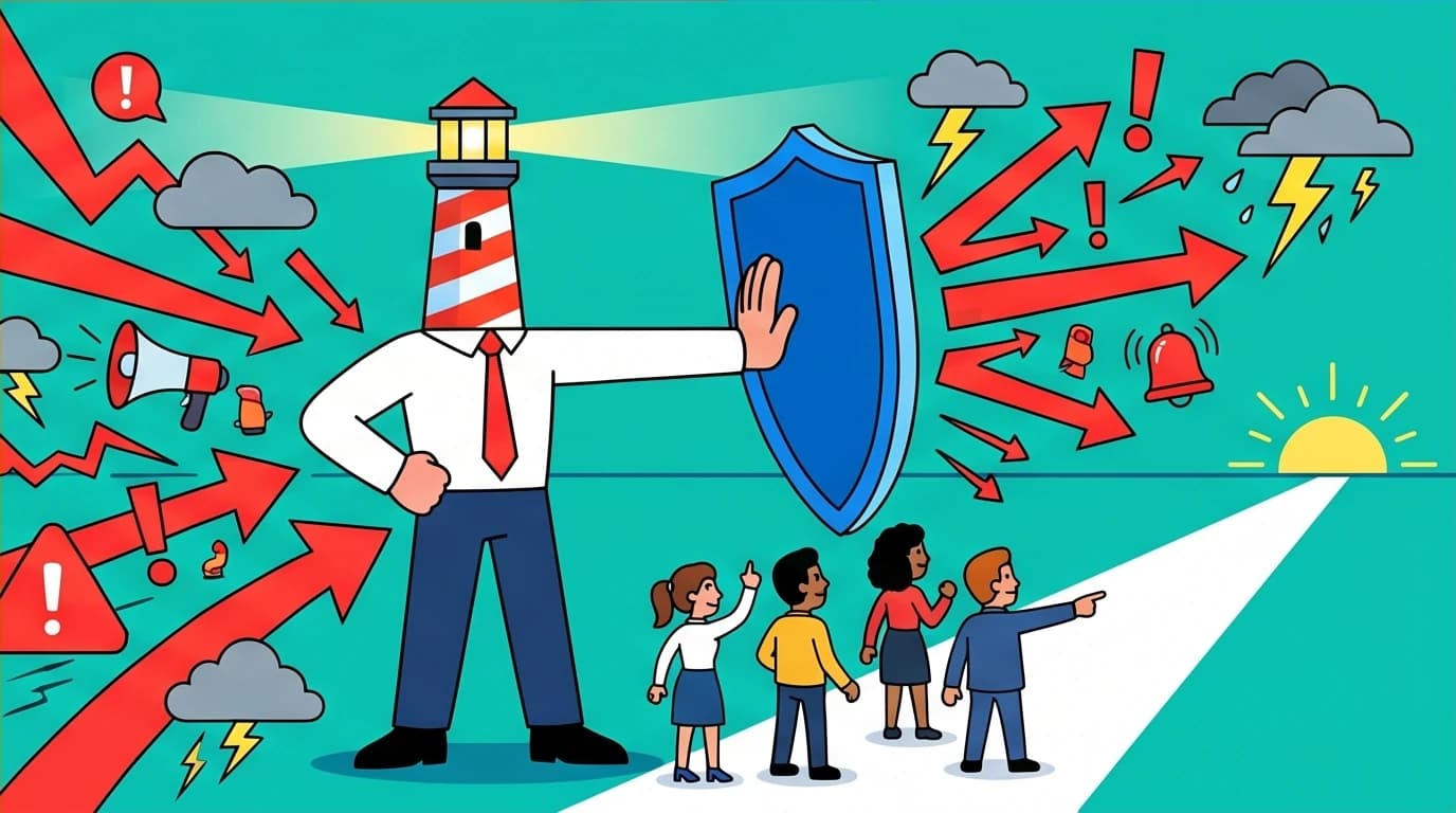 A depiction of mindful leadership, where a calm leader acts as a buffer against corporate crisis, enabling responsive vs. reactive decision making.