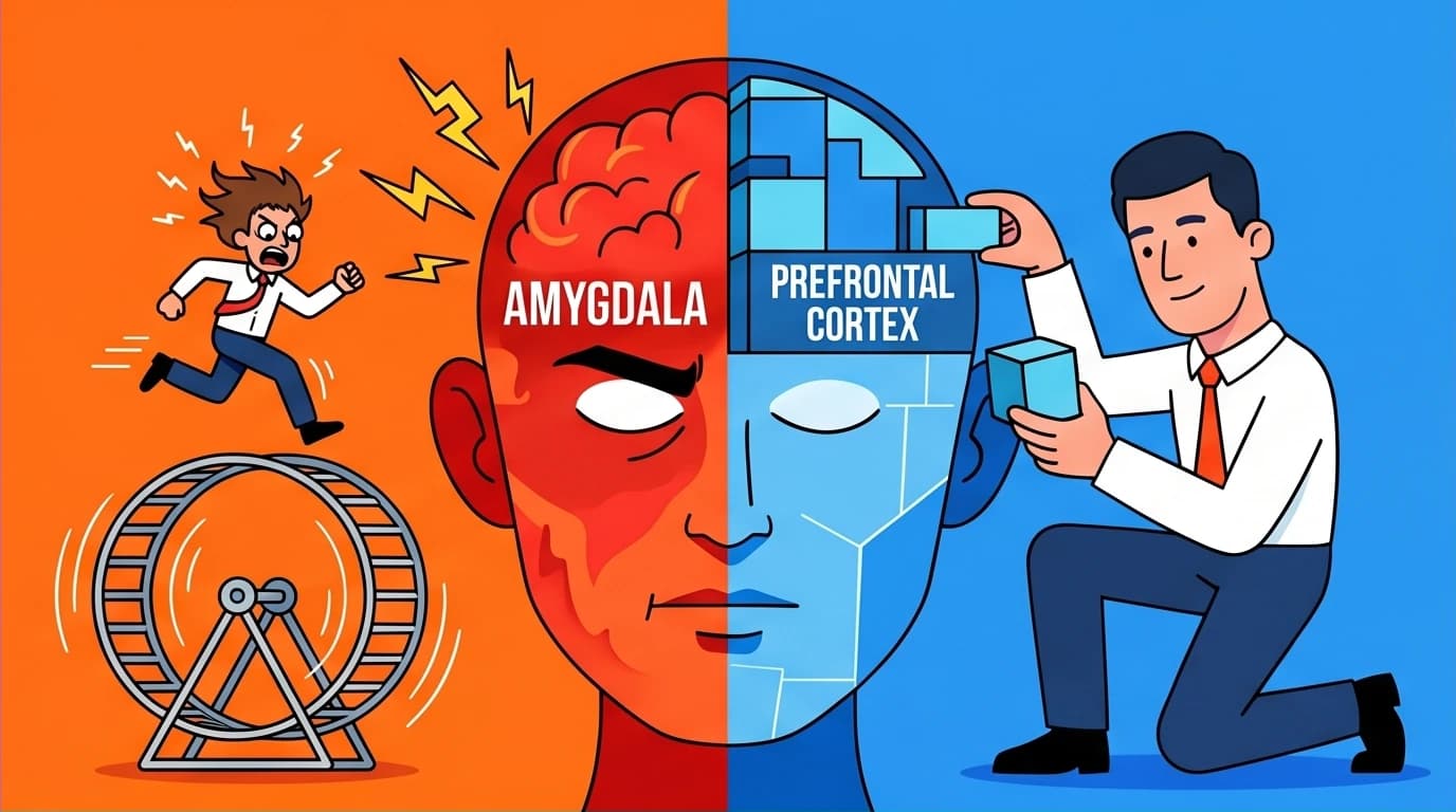 A conceptual illustration of the brain's neuroscience, showing mindfulness deactivating the amygdala and engaging the prefrontal cortex for focus.