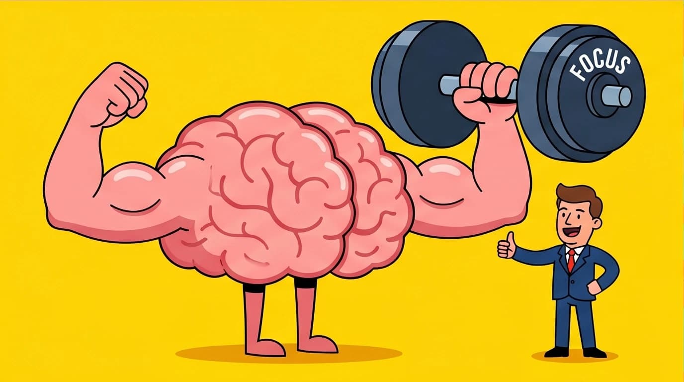 A visual metaphor of a brain doing a 'bicep curl for focus,' representing how mindfulness exercises strengthen concentration for deep work.