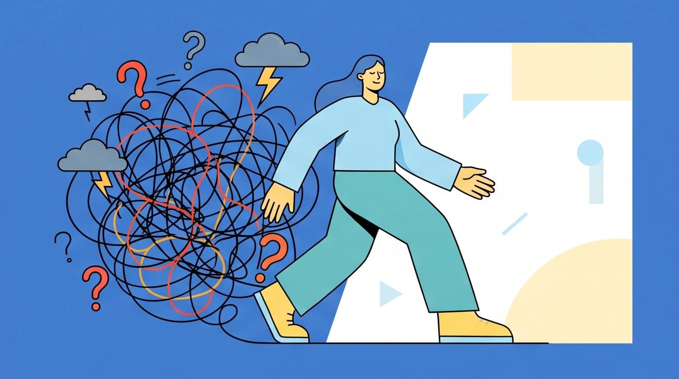 A person breaking free from a chaotic anxiety loop, an illustration for Mindfulness-Based Cognitive Therapy (MBCT) practical guide.