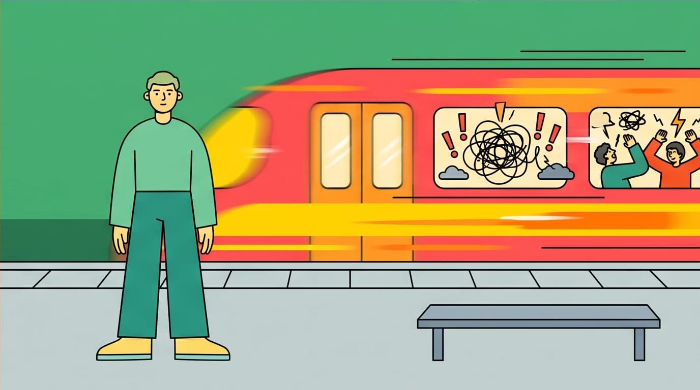 A person practicing mindfulness by letting a chaotic 'thought train' pass by, a key metaphor in MBCT to avoid rumination.