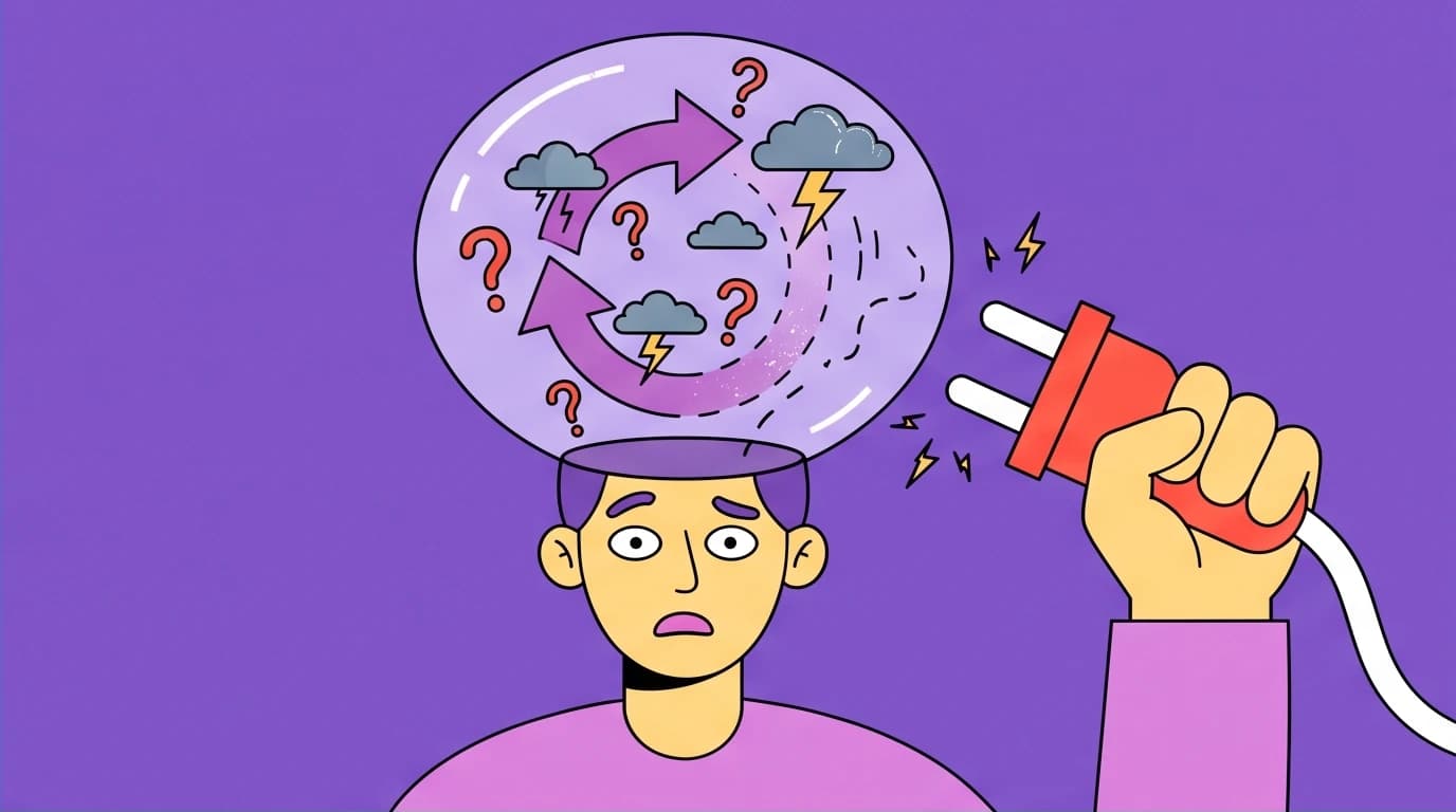 Illustration of unplugging the brain from an automated negative thought loop, a core concept in MBCT for anxiety relief.