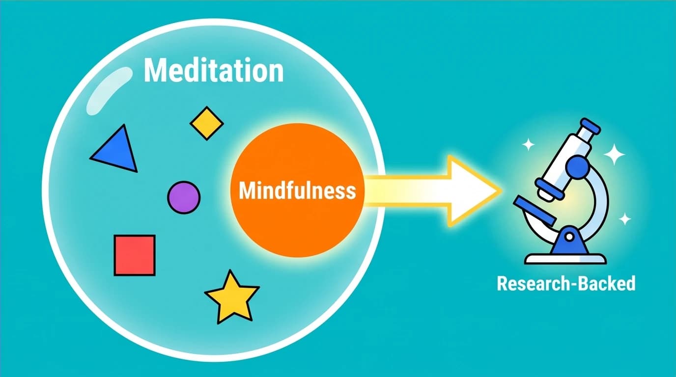 A clear diagram showing that Mindfulness is a specific, science-backed form of the broader category of Meditation.