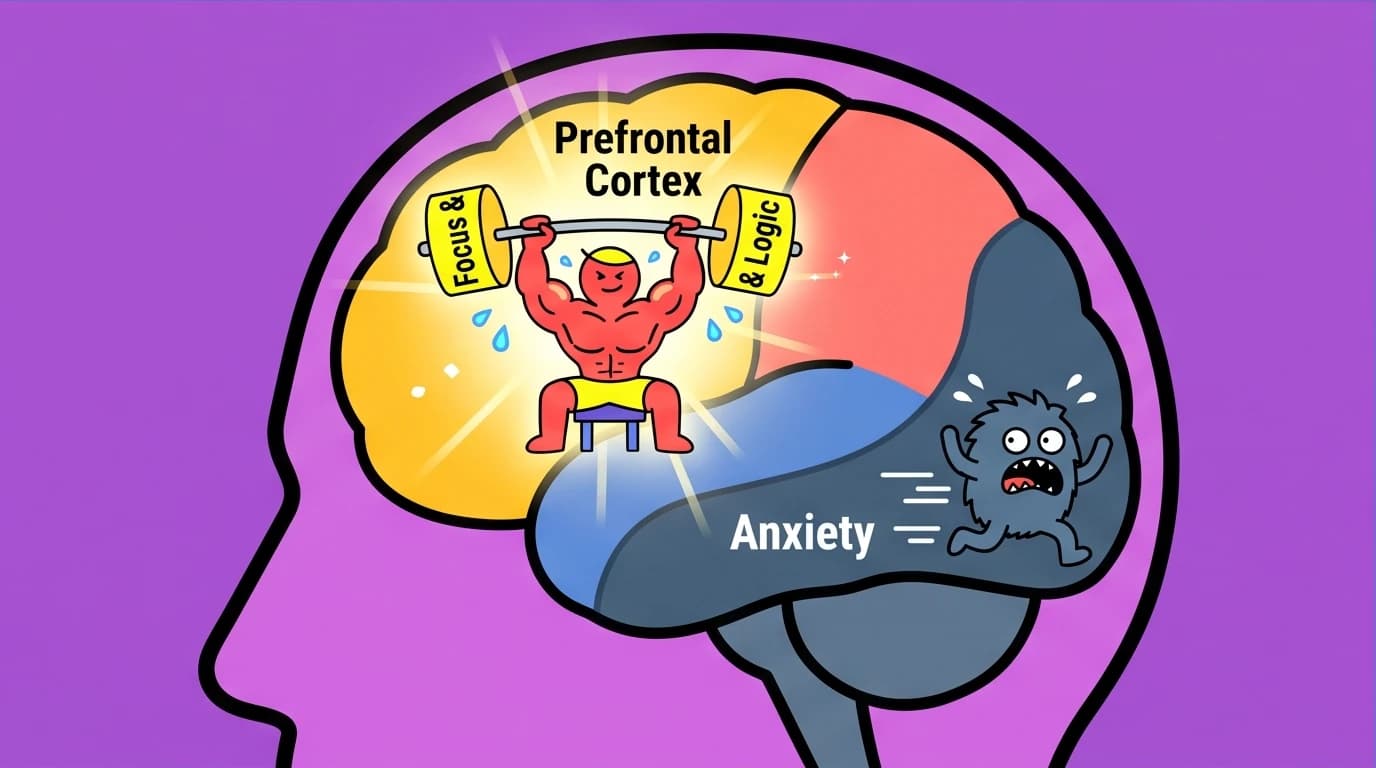 An illustration of how Mindfulness training scientifically reduces anxiety by strengthening the brain's prefrontal cortex and shrinking the amygdala.