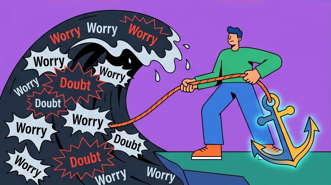 A person using the 'drop the anchor' grounding technique to stand firm against a wave of anxious thoughts, a practical mindfulness exercise.