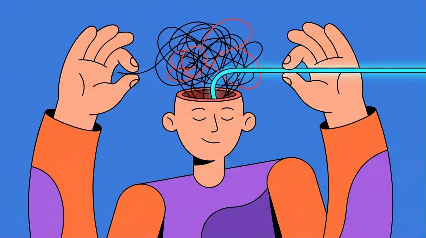 Illustration of a person using mindfulness for anxiety to untangle chaotic thoughts and find calm, representing practical stress relief techniques.