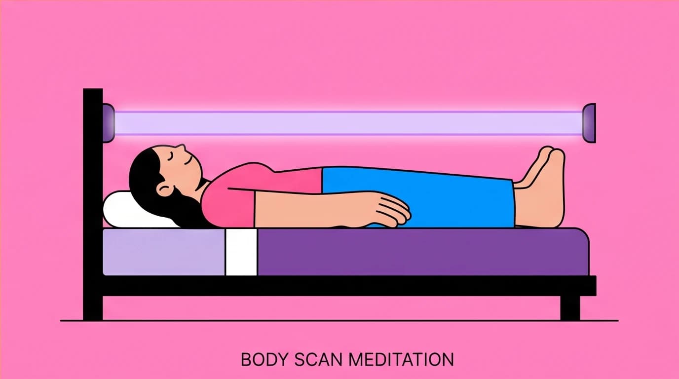 A person performs a mindfulness body scan exercise in bed to calm anxiety and stop a racing mind, promoting restful sleep and mental peace.
