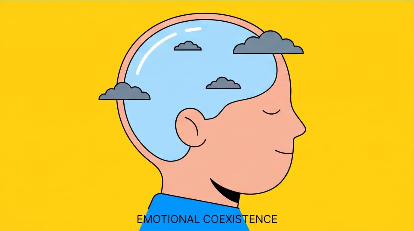Artwork showing a calm mind as a sky with negative emotions as passing clouds, illustrating the mindfulness principle of emotional acceptance.