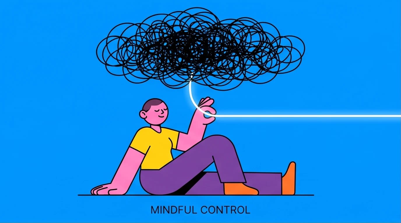 An illustration of a person using mindfulness to untangle a chaotic negative thought loop, a technique for stopping overthinking and anxiety.