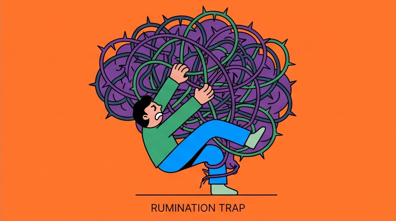 A visual metaphor for rumination where a person is trapped in their own anxious thoughts, showing the struggle of the negative thought cycle.