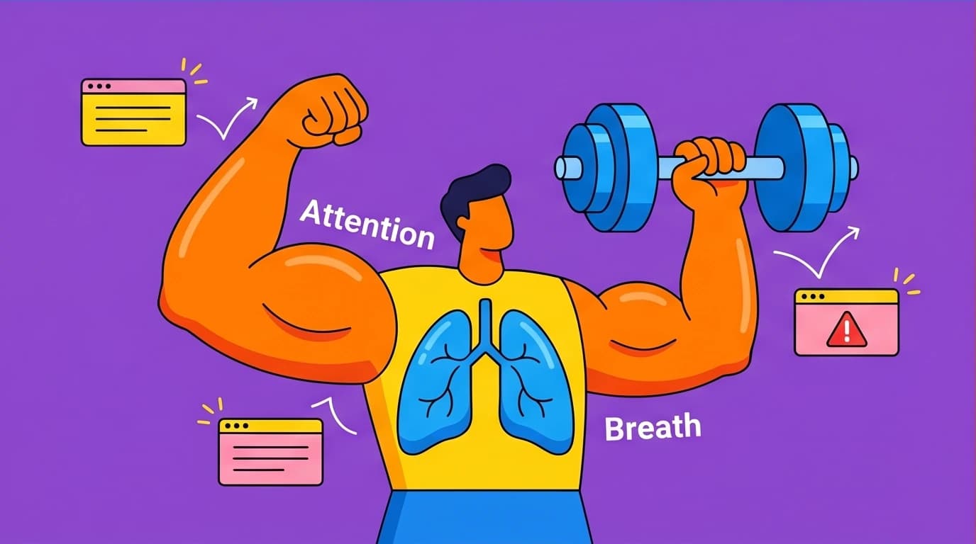 A visual metaphor of building attention muscle through mindfulness, using breath as a weight to train focus and improve work efficiency.