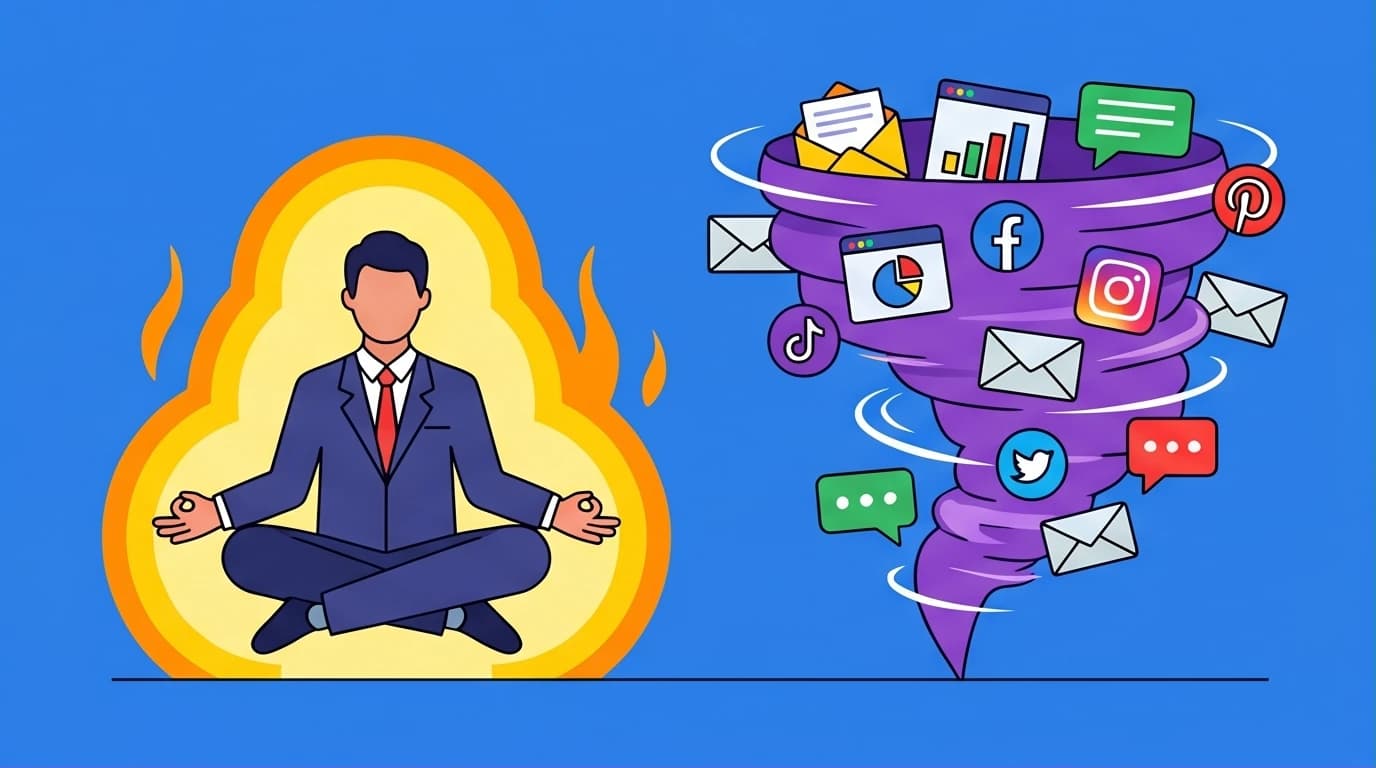 A professional achieves deep focus through mindfulness meditation, protected from a chaotic storm of digital distractions and information anxiety.